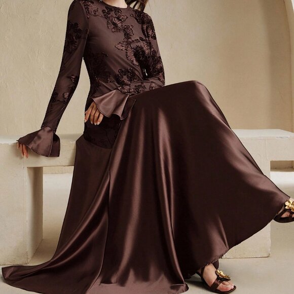 Deep Brown Elegant Women's Floral embroidered bodice with Bell Sleeve Maxi Dress - Picture 1 of 7
